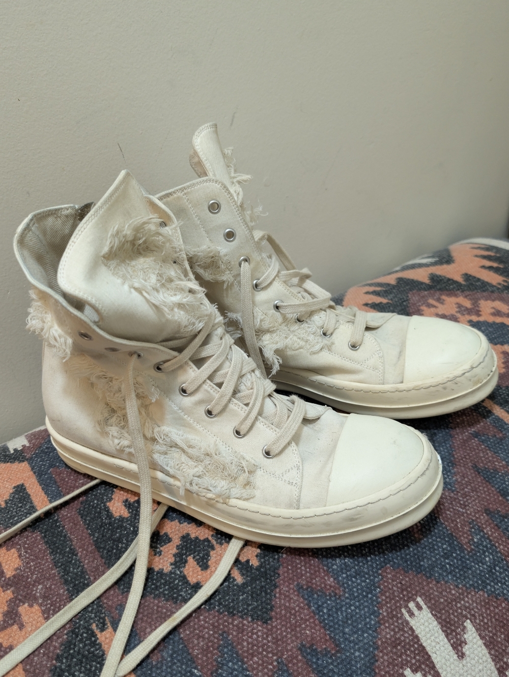 Rick Owens Dark Shadow High-Top Distressed Canvas Sneakers Off-White Sz 42-US 9